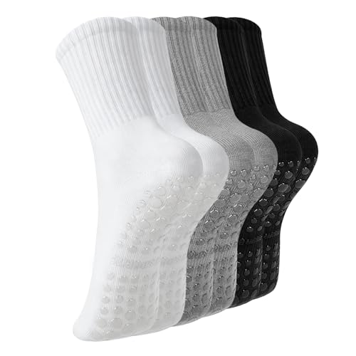 Non-Slip Pilates Socks with Grips - 3 Pairs for Yoga & Barre - Black/White/Gray