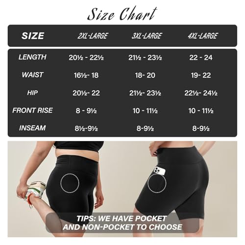 QGGQDD Plus Size Black Biker Shorts for Women 8'' High Waist No Pockets 2X-4X