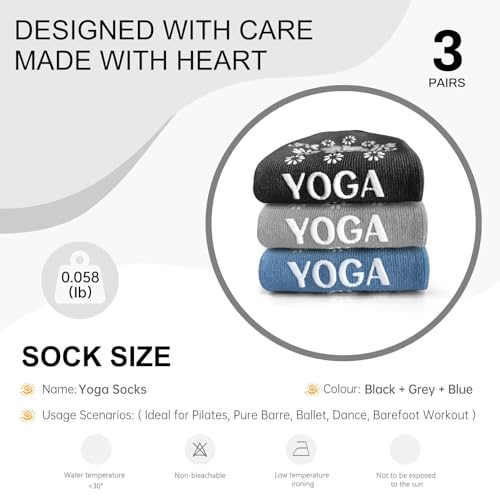 Non-Slip Pilates Yoga Socks for Women - 3 Pairs, Black+Blue+Grey, US 6.5-10