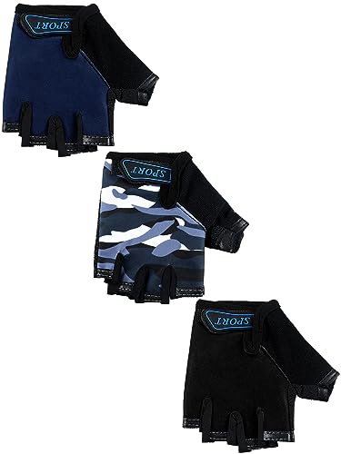 Kids Half Finger Bike Gloves - 3 Pairs for Ages 8-12