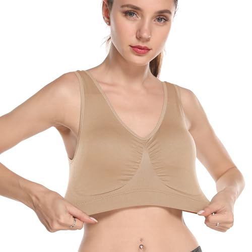 Onory Women's Wireless Padded Sports Bras 3 Pack Medium Support Large/Nude White Black