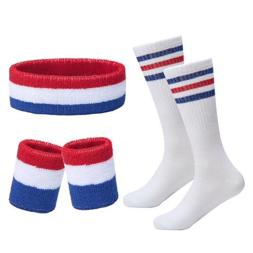 Colorful Striped Sweatband Set - Headband & Wristbands - Red, White & Blue