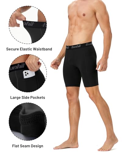 Runhit Men's Compression Shorts with Pocket - Black, Large, Athletic Workout Underwear