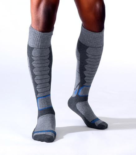 Large Grey Merino Wool Ski Socks for Men Women & Youth - Over-the-Calf Thermal Snowboard Socks
