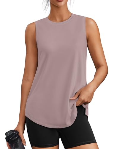 PINSPARK Women's Workout Tank Top UPF 50+ with Side Slits - Large, Warm Ash Grey