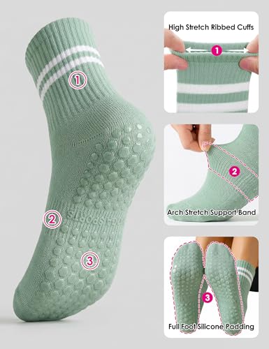 Yoga Socks for Women - Cotton Non-Slip Grips, 2 Pack Green+Blue, Above Ankle