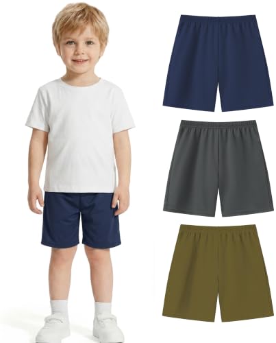 PUMYOON 3 Pack Toddler Boys Athletic Shorts - Kids Mesh Quick Dry Shorts, 5-6 Years, Dark Grey/Navy/Army Green