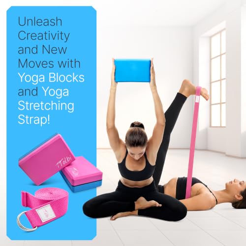 Yoga Blocks 2 Pack with Strap & Guide - Pink/Blue & Stretch Band Rose