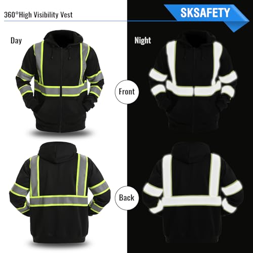 SKSAFETY Hi Vis Work Safety hoodies for Men - Class 3 High Visibility Reflective Hoodie Jacket, High Vis Zipper Hoodie with Black Bottom, Construction Sweatshirts with Pockets
