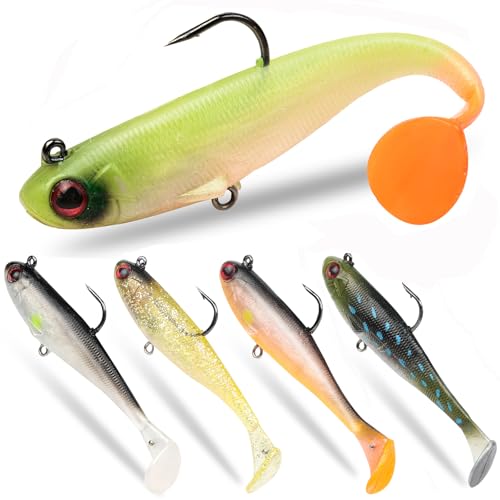 5-Piece Soft Paddle Tail Swim Baits - 3.5-Inch Pre-Rigged Fishing Lures