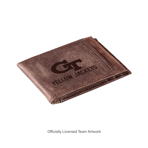 Slim Wallet for Men - Brown RFID Blocking Leather Card Holder with Money Clip - Georgia Tech