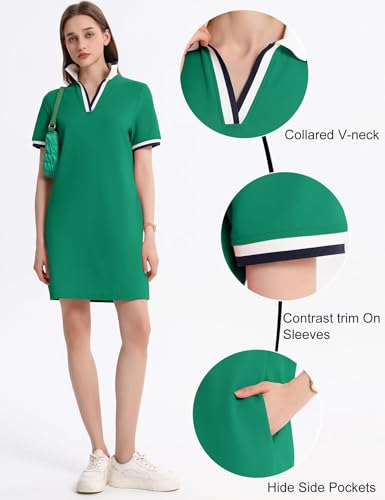 Kissonic Women's Polo Dress Short Sleeve Tennis Golf Summer Casual with Pocket - Green, Large