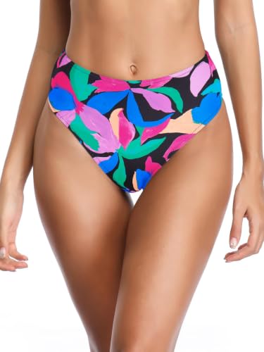 High Waisted Bikini Bottoms for Women - Tummy Control - Colorful Leaves - Small