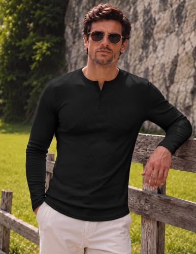 JMIERR Men's Ribbed Henley Shirt High Stretch Long Sleeve