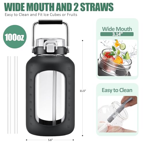 WINSA 100 oz Large Glass Water Bottle with Dual-Purpose Lid - Black