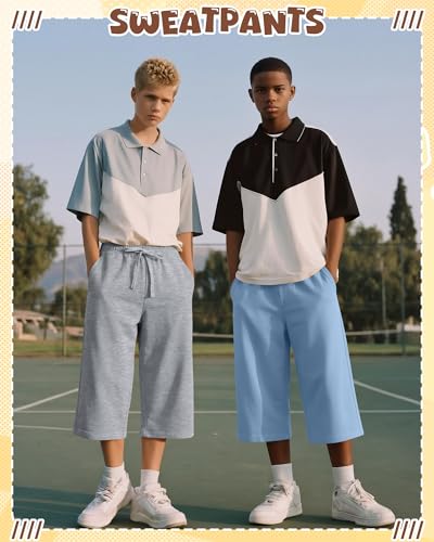 Boys Capri Sweatpants 3 Pack - Black, Light Gray, Blue, 9-10 Y