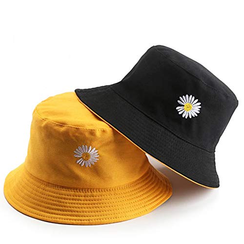 Zkptops Sun Hat for Women - Cotton Bucket Hat, Reversible Black Yellow, Beach Travel