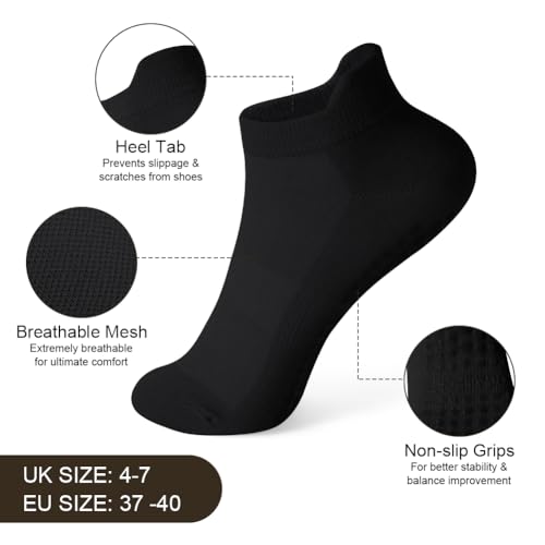 Yoga Socks for Women - Non-Slip Cotton Ankle Socks, 3 Pairs Black