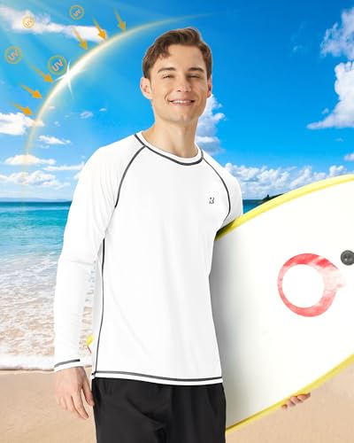 Men's UPF 50+ Long Sleeve Sun Protection Swim Shirt - White, X-Large