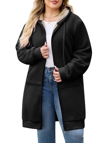 Women Plus Size Black Zip Up Hoodie Tunic Fleece Jacket XL by Wiepux