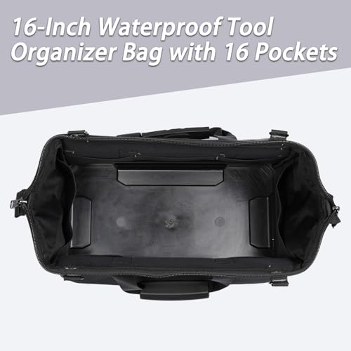 Heavy-Duty Tool Bag with 16 Pockets, 16-Inch Waterproof Tool Organizer with Reinforced Base, Adjustable Shoulder Strap, Ideal for Electricians, Carpenters, DIY Projects, Father's Day Birthday Gift