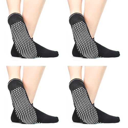 Non-Slip Yoga Socks for Women - Anti-Skid Grip for Pilates - 4-Pack Black