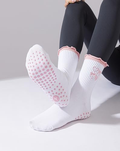 Non-Slip Ruffle Pilates Grip Socks - One Size Pink Heart