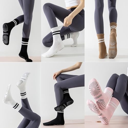 Non-Slip Women's Pilates Yoga Socks - Ankle Socks, 3 Pack White Stripes