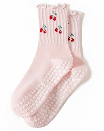 Non-Slip Pilates Grip Socks for Women - Cute Ruffle - Pink Cherry