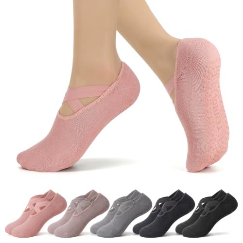 Pilates Socks with Grips for Women - 5 Pairs with X-Cross Straps