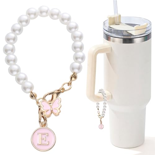 Personalized Pearl Chain Initial Charm for Water Bottle - Letter Pink E