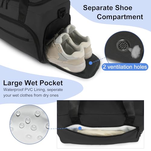SOAEON Black Gym Duffle Bag for Men & Women with Wet & Shoes Compartments, Water-Resistant Overnight Weekender