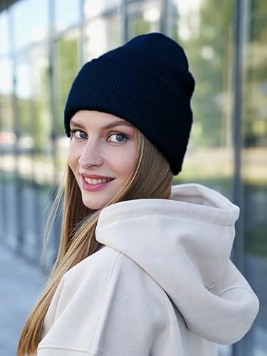 Stretchy Knit Cuffed Beanie - One Size Navy Blue