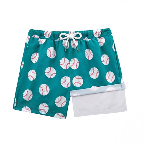 BRISIRA 10-12 Years Boys Swim Trunks - Green White Baseball Pattern Anti-Chafe Compression Boxer Brief Liner