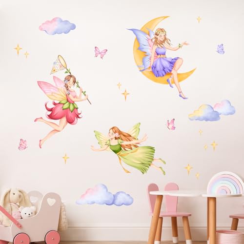 Tanlaby Fairy Wall Decals Elf Moon Clouds Wall Stickers Peel and Stick Art Decor for Girls Bedroom Baby Nursery Kids Toddler Playroom
