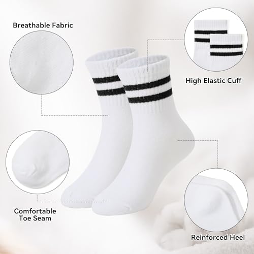 Kids Athletic Socks - Striped Crew Socks for School Uniform - Black & White - Big Kid / X-Large