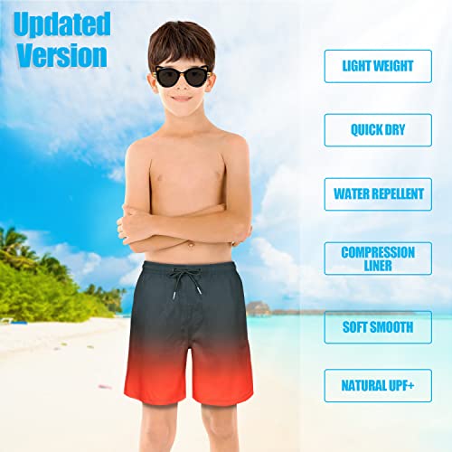 LUCOWEE Boys Swim Trunks with Soft Compression Liner, Quick Dry, UPF 50+, Black Red Ombre, Age 10-12