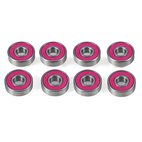 608RS Carbon Steel Skateboard Bearings Bundle - 8 Pack Rose Red w/ Spacers