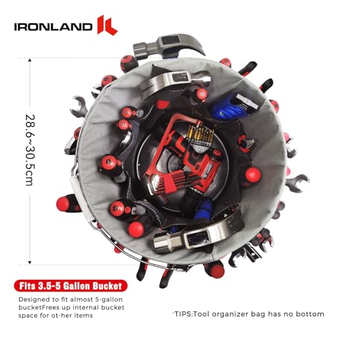 IRONLAND Bucket Tool Organizer Fit 3.5-5 Gallon Bucket, 51 Pockets, Bucket Tool Caddy Organization for Garden, Construction, Carpenter, Electrician, Builder Red & Black