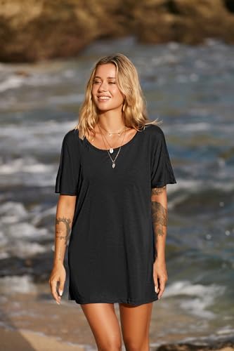 Women's Swimsuit Beach Cover Up Short Sleeve Shirt - Medium Black