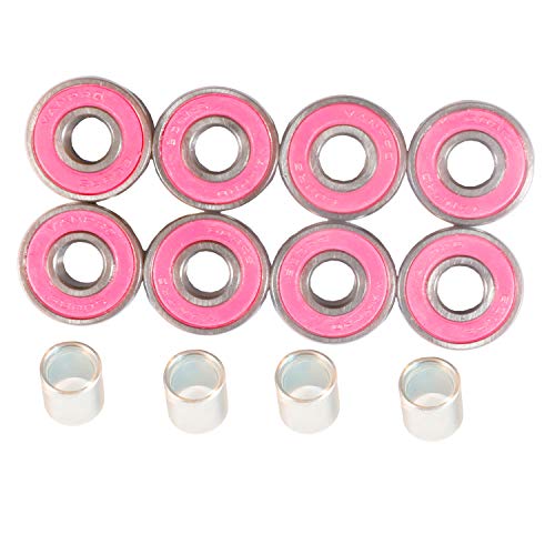 608RS Carbon Steel Skateboard Bearings Bundle - 8 Pack Rose Red w/ Spacers