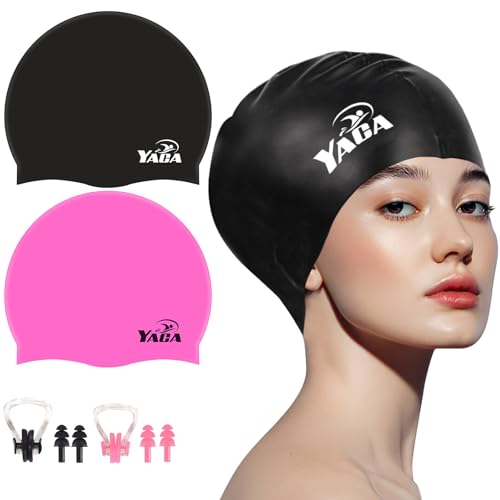 Silicone Swim Cap for Adults - 2 Pack with Ear Plugs, Black & Rose Red