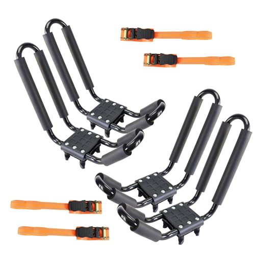 Heavy Duty J-Bar Kayak Roof Rack Carrier - 2 Pairs with Straps