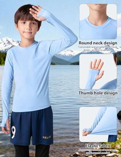 Boys UPF 50+ Long Sleeve Swim Shirt with Thumb Holes - Light Blue, X-Large