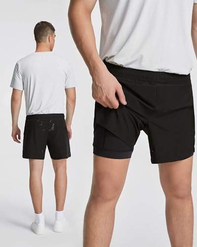 Medium Black Mens Running Shorts with Compression Liner 5" Quick Dry Zip Pocket