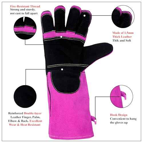 Nation Ladies BBQ/Welding Leather Gloves, Fire Resistant, MIG/TIG Welding, 16 Inch Long Sleeves, Pink/Black