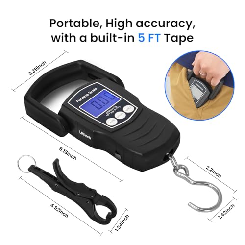 NaRener Digital Fish Scale with Lip Gripper & 5FT Tape Measure - 75KG/165LB Professional Fishing Scale Set with Lip Gripper