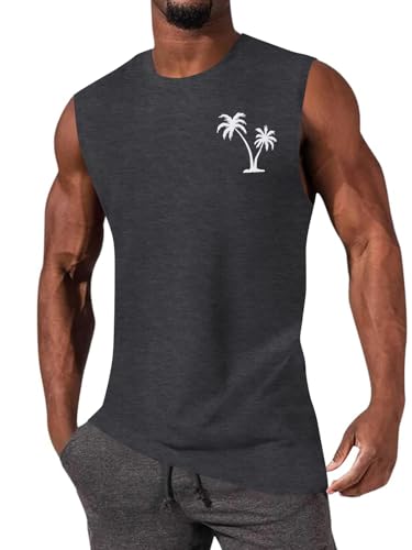 Men's Tropical Hawaiian Palm Tree Print Tank Top - Dark Grey, Medium