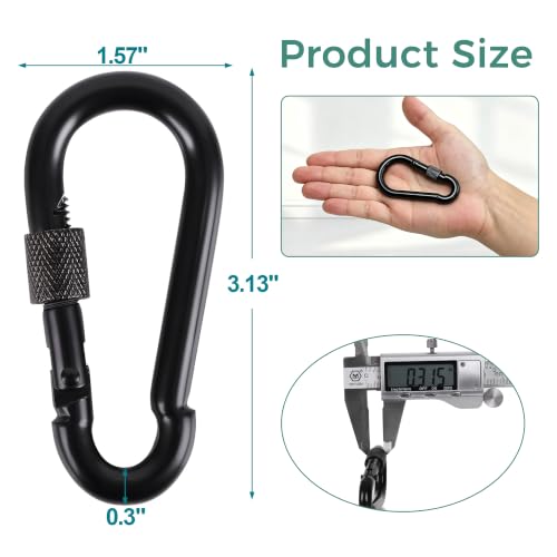 Heavy Duty Locking Carabiner Hooks - 4 Pack, Black