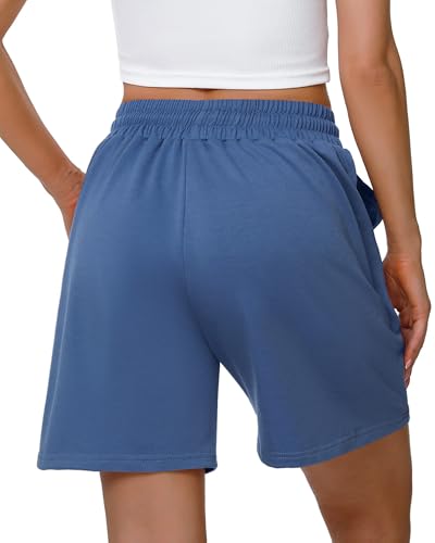 Cowasto Womens High Waisted Sweat Shorts Bermuda with Pockets Drawstring Blue (1-Pack, Med)